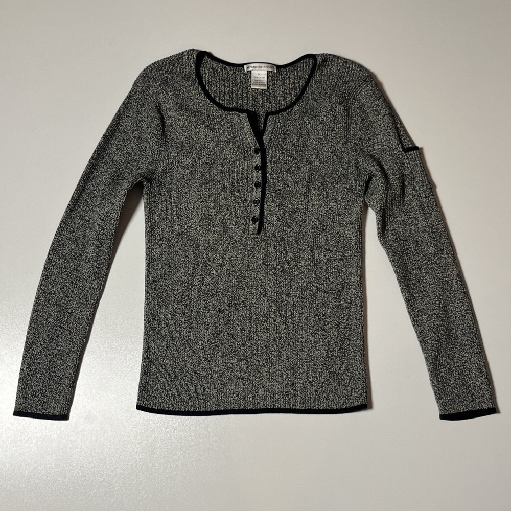 Vtg Reference Point 1/4 Button Henley Knit Sweater Size M Gray Sleeve Pocket Top - Picture 2 of 6